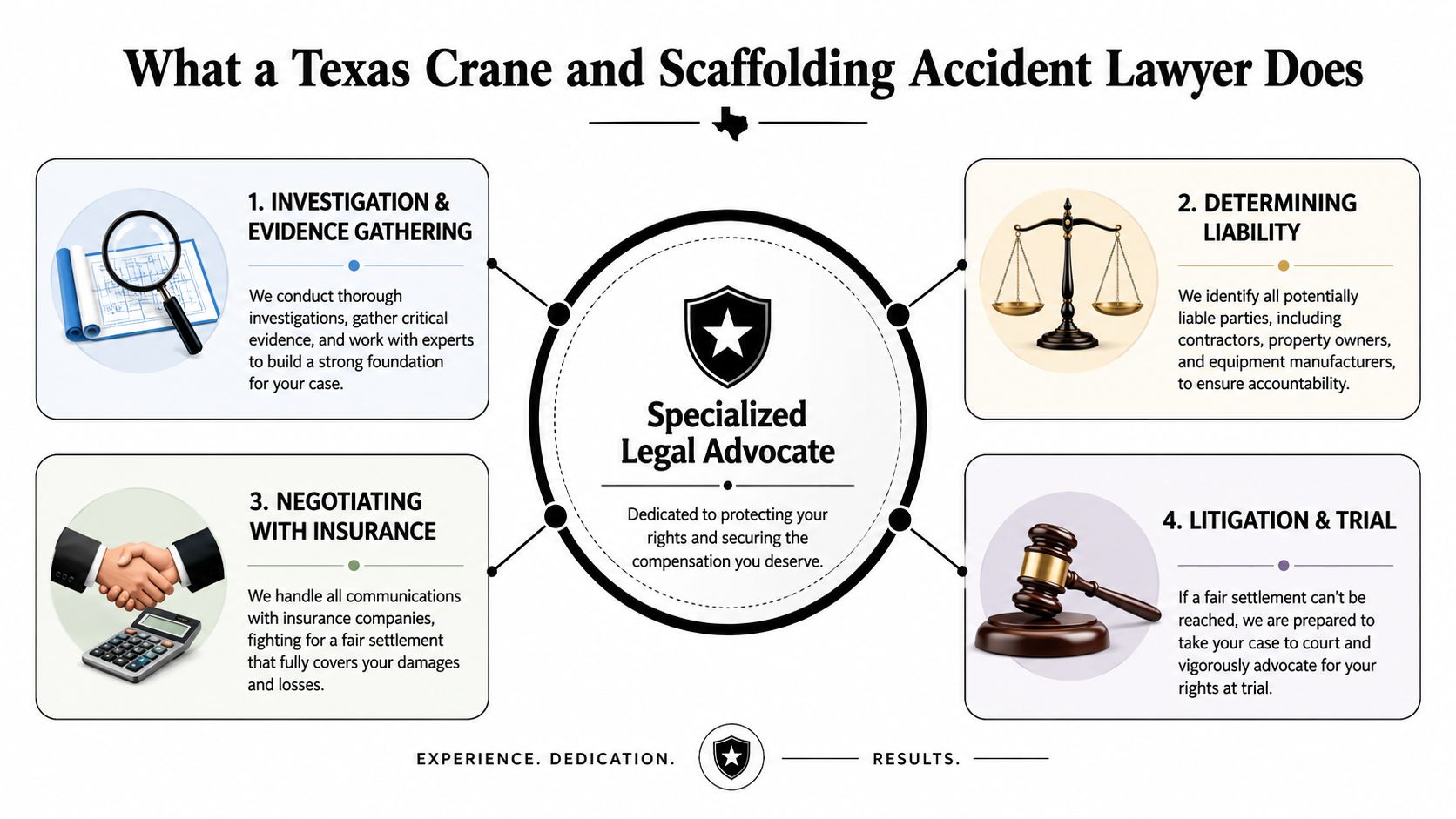 An infographic detailing the four key steps a Texas crane and scaffolding accident lawyer takes for clients.