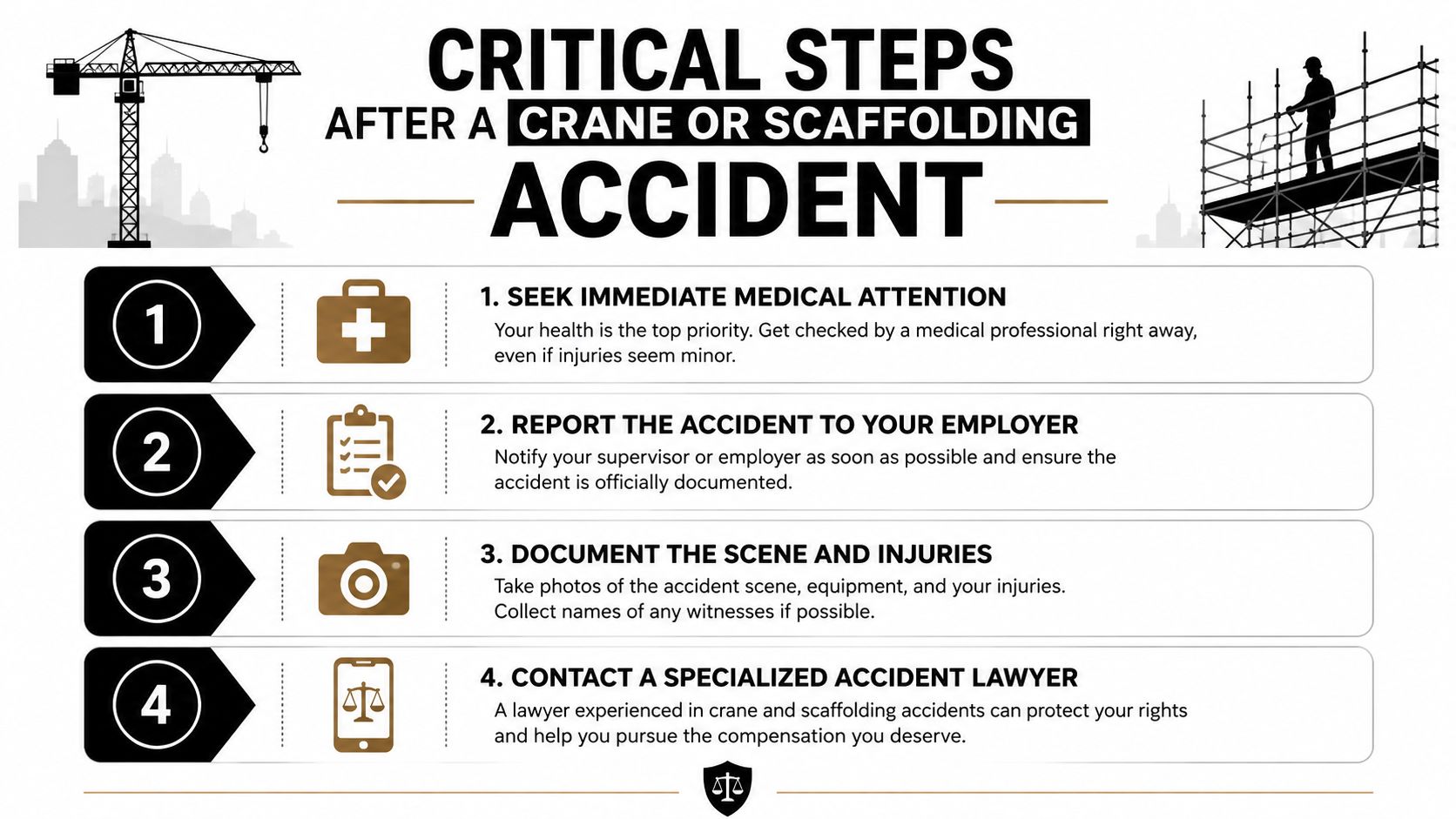 An infographic titled Critical Steps After a Crane or Scaffolding Accident, outlining four essential safety and legal actions.