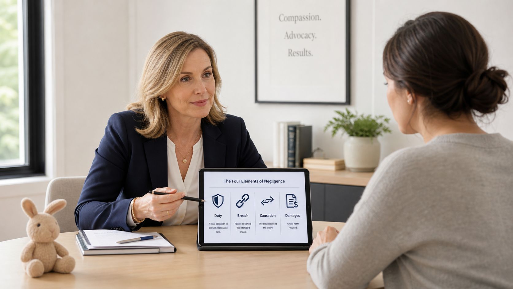 A professional attorney explains the four elements of negligence on a digital tablet to a client.