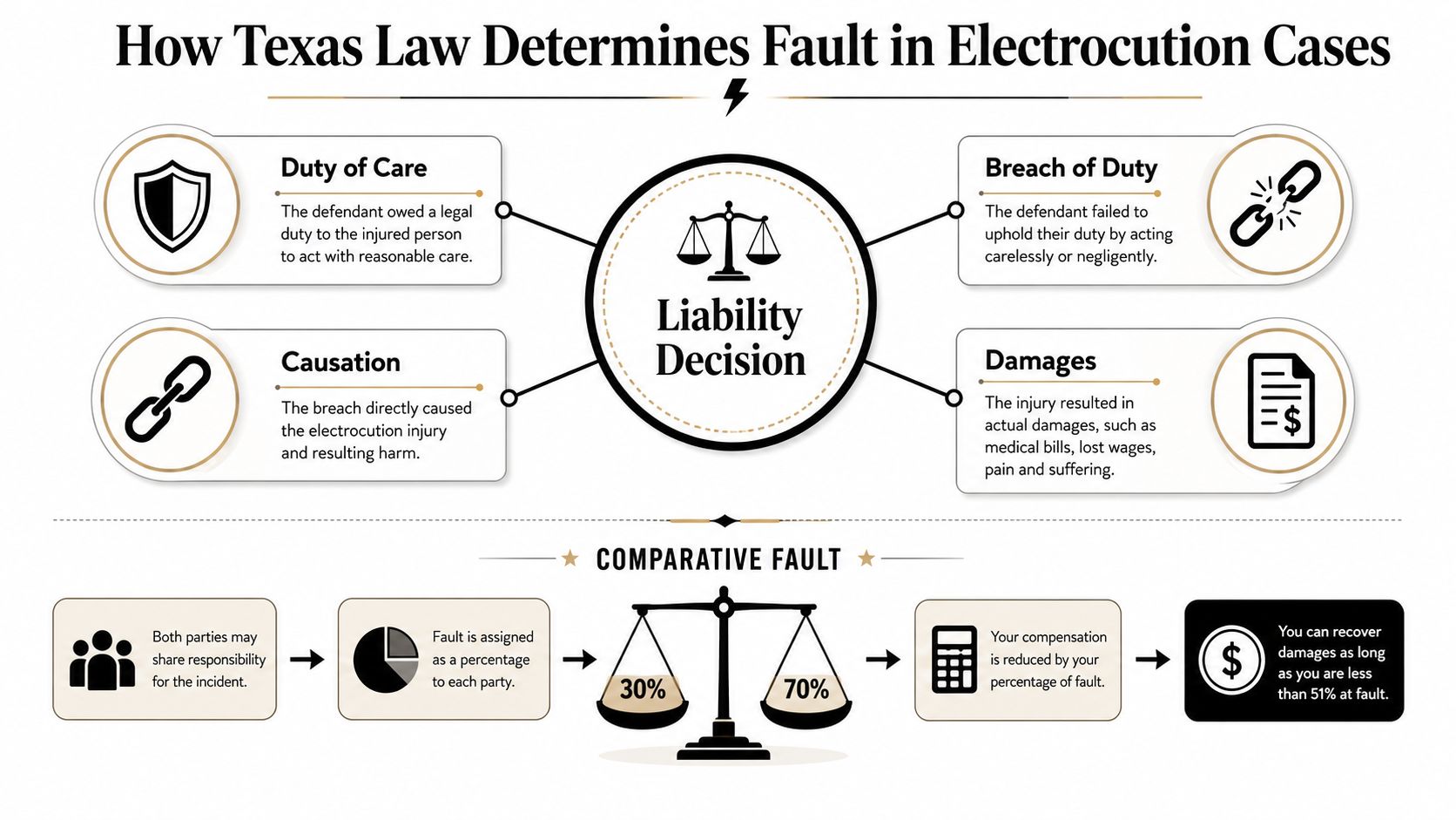 An infographic titled How Texas Law Determines Fault in Electrocution Cases, explaining liability and comparative fault.