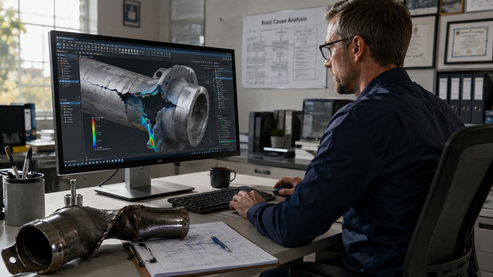 An engineer analyzing a damaged metal pipe failure model on his computer screen in an office.