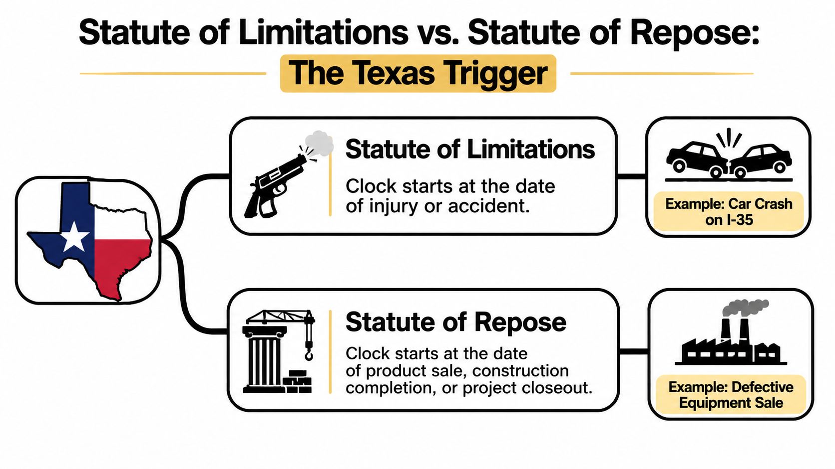 An infographic comparing Texas statutes of limitations and statutes of repose with illustrative icons and definitions.