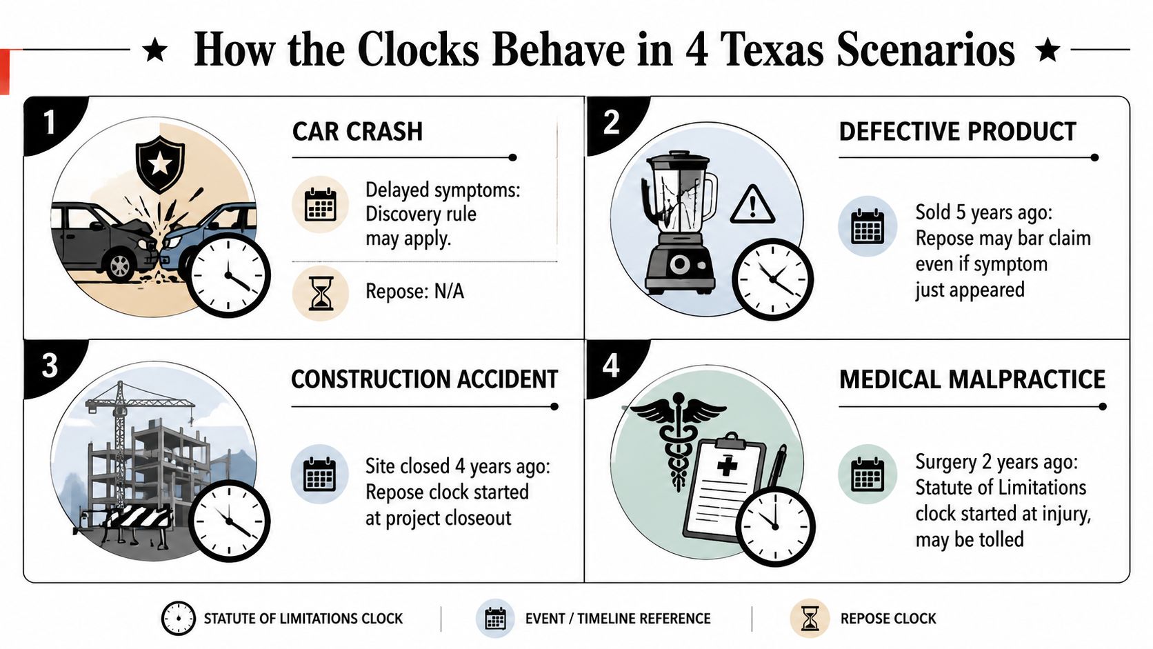 An infographic detailing how statutes of limitations and repose function across four different legal scenarios in Texas.