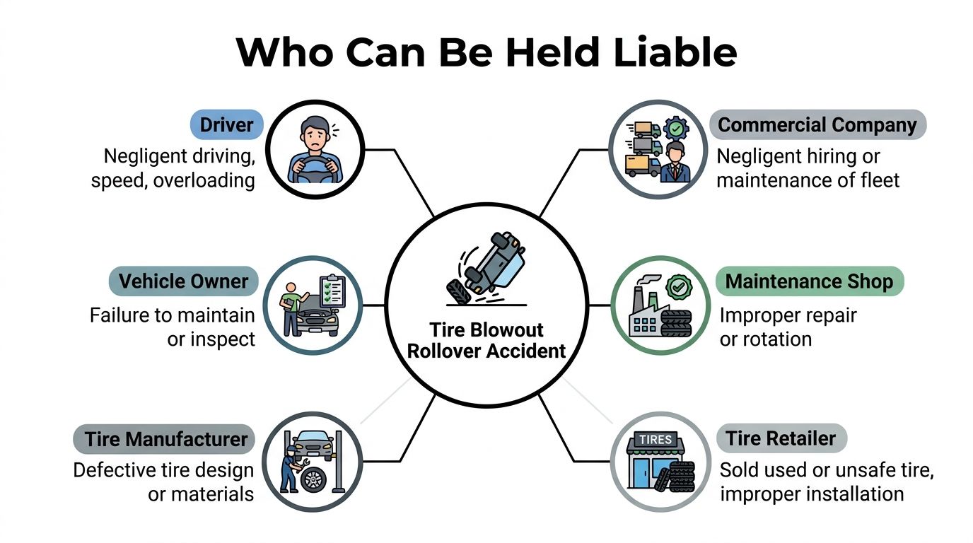 An infographic showing six parties that may be held liable for a tire blowout rollover accident.
