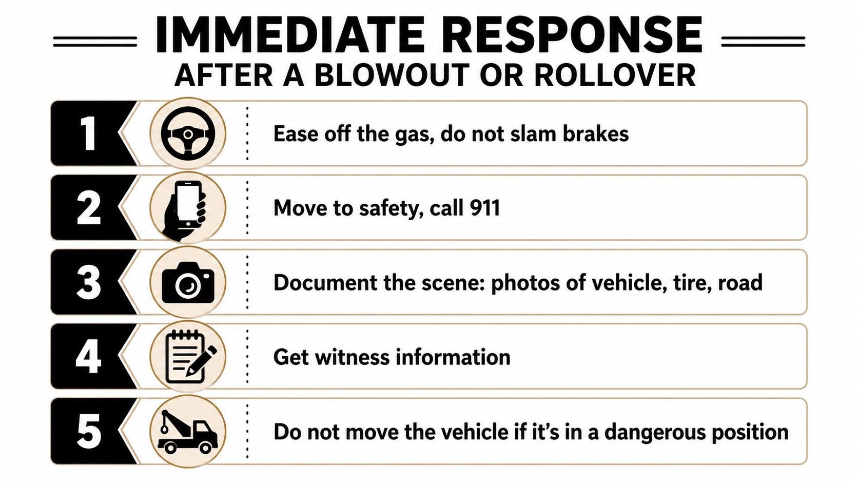 A five-step instructional guide on what to do immediately following a vehicle tire blowout or rollover accident.