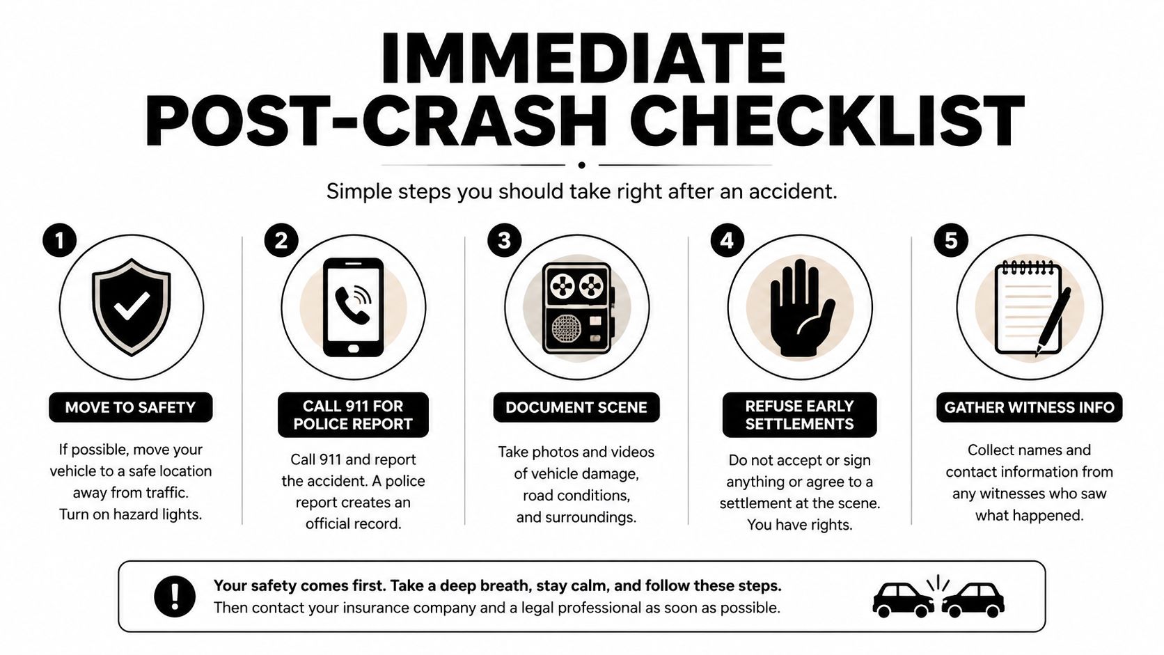 A checklist infographic outlining five essential steps to take immediately following a vehicle accident for safety.