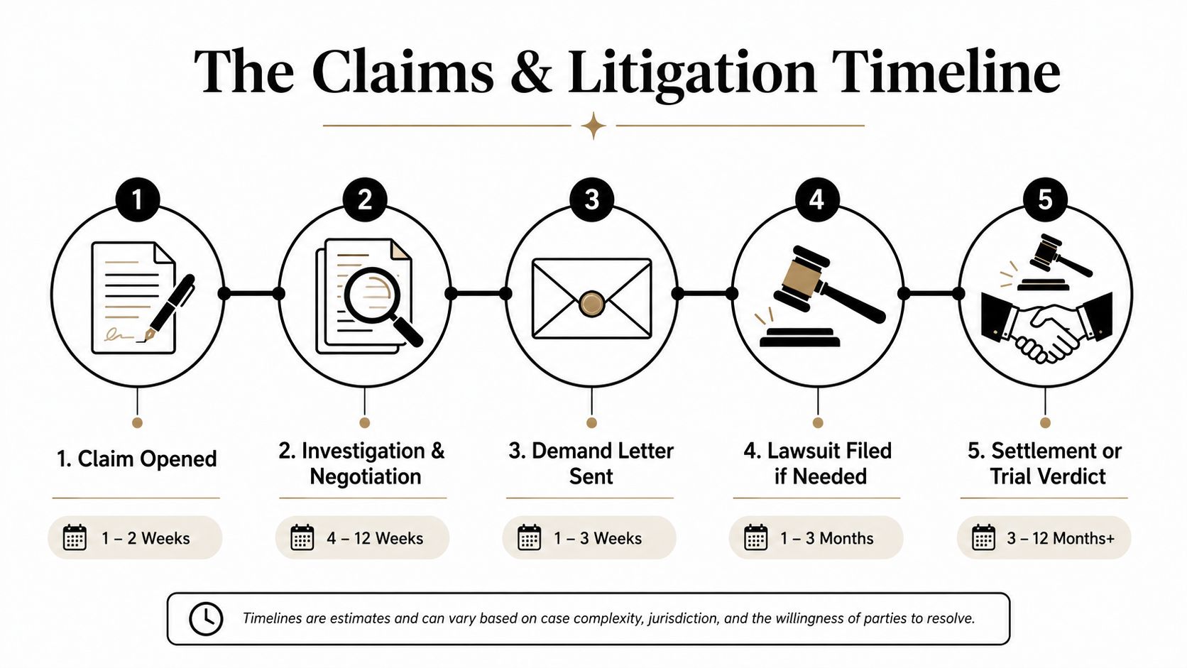A five-step infographic illustrating the typical timeline for claims and litigation processes in legal cases.