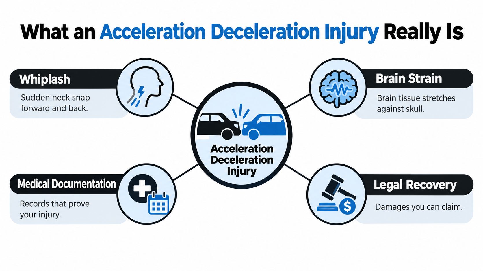 An infographic explaining acceleration-deceleration injuries including whiplash, brain strain, medical documentation requirements, and legal recovery options.