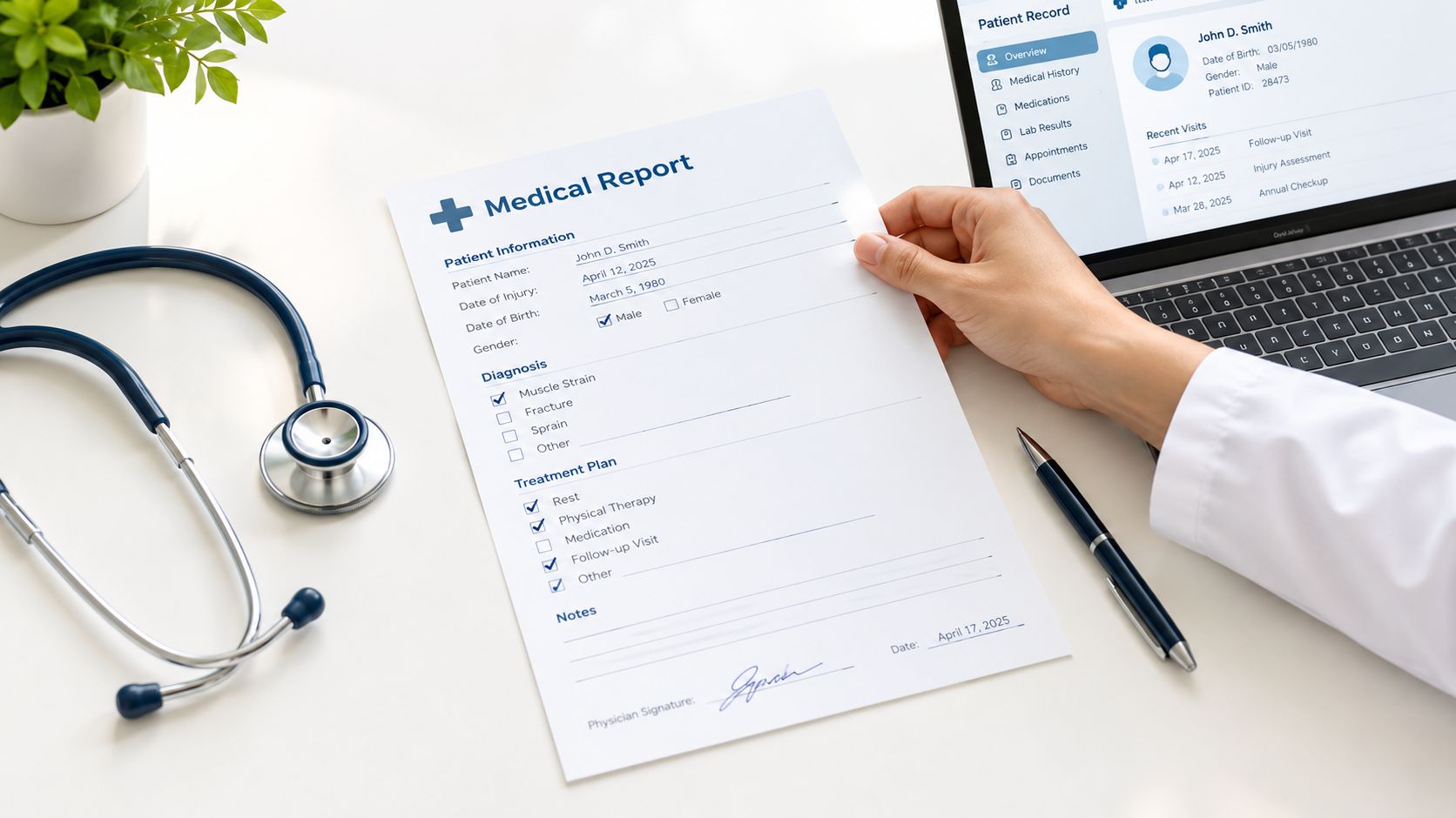 A doctor's hand holds a medical report with stethoscope and laptop on a clean white desk.