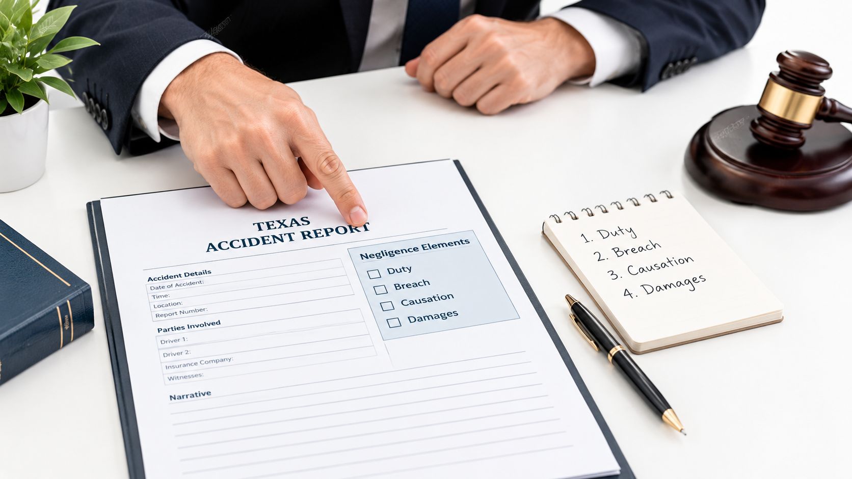 A lawyer pointing to a Texas accident report form near a gavel and a notebook on a desk.