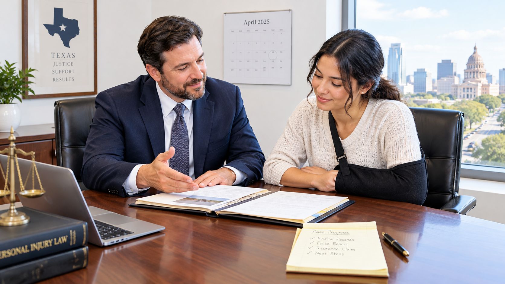 A professional attorney discussing legal documents with a client wearing an arm sling in a law office.
