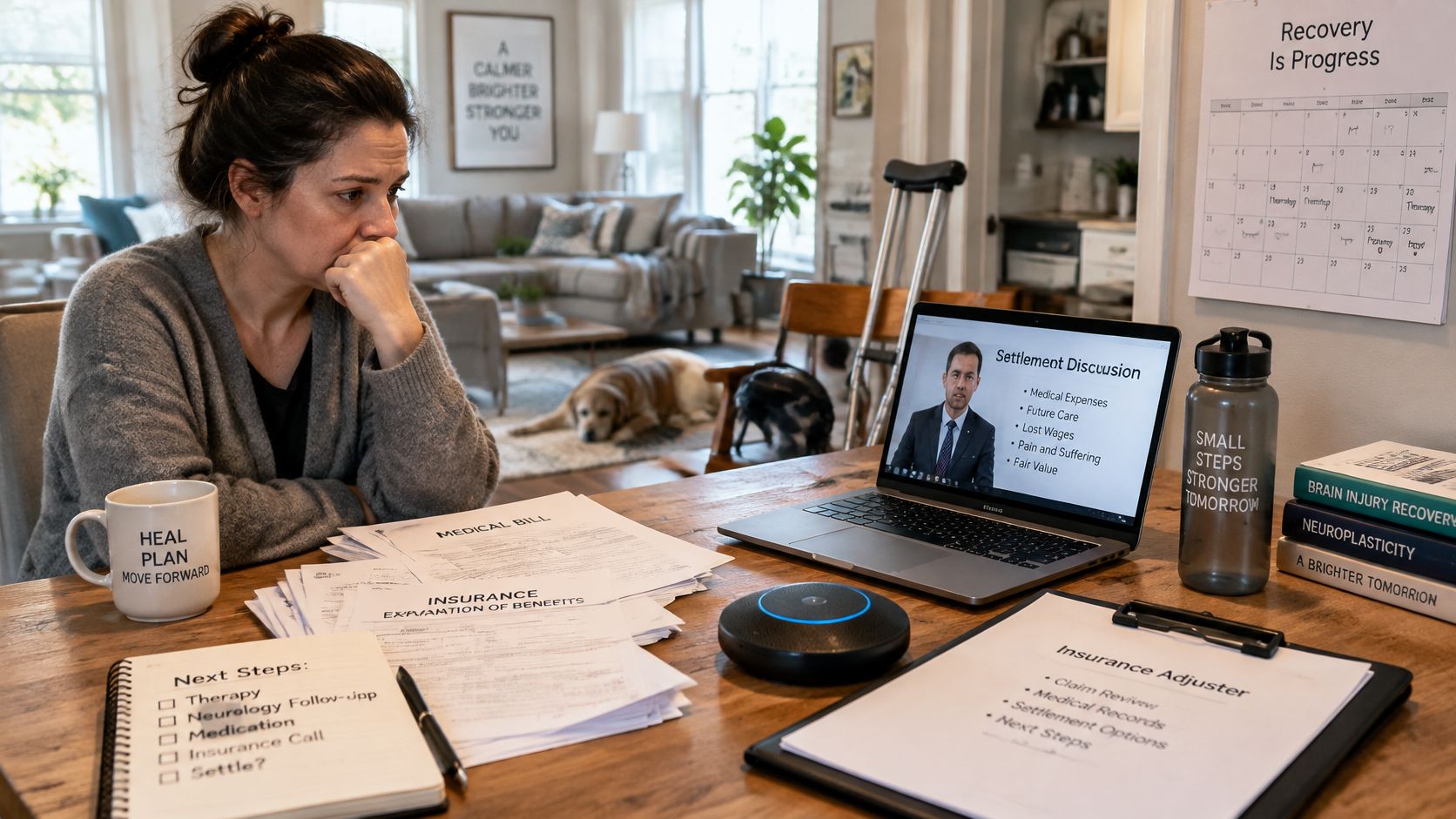 A woman sits at a table reviewing insurance paperwork and documents while viewing a legal settlement video.