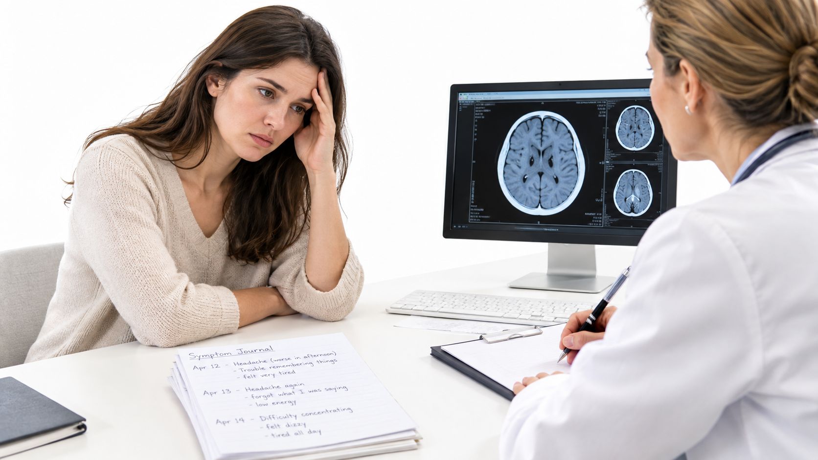A concerned patient discusses symptoms with a doctor while reviewing brain scans on a computer monitor.