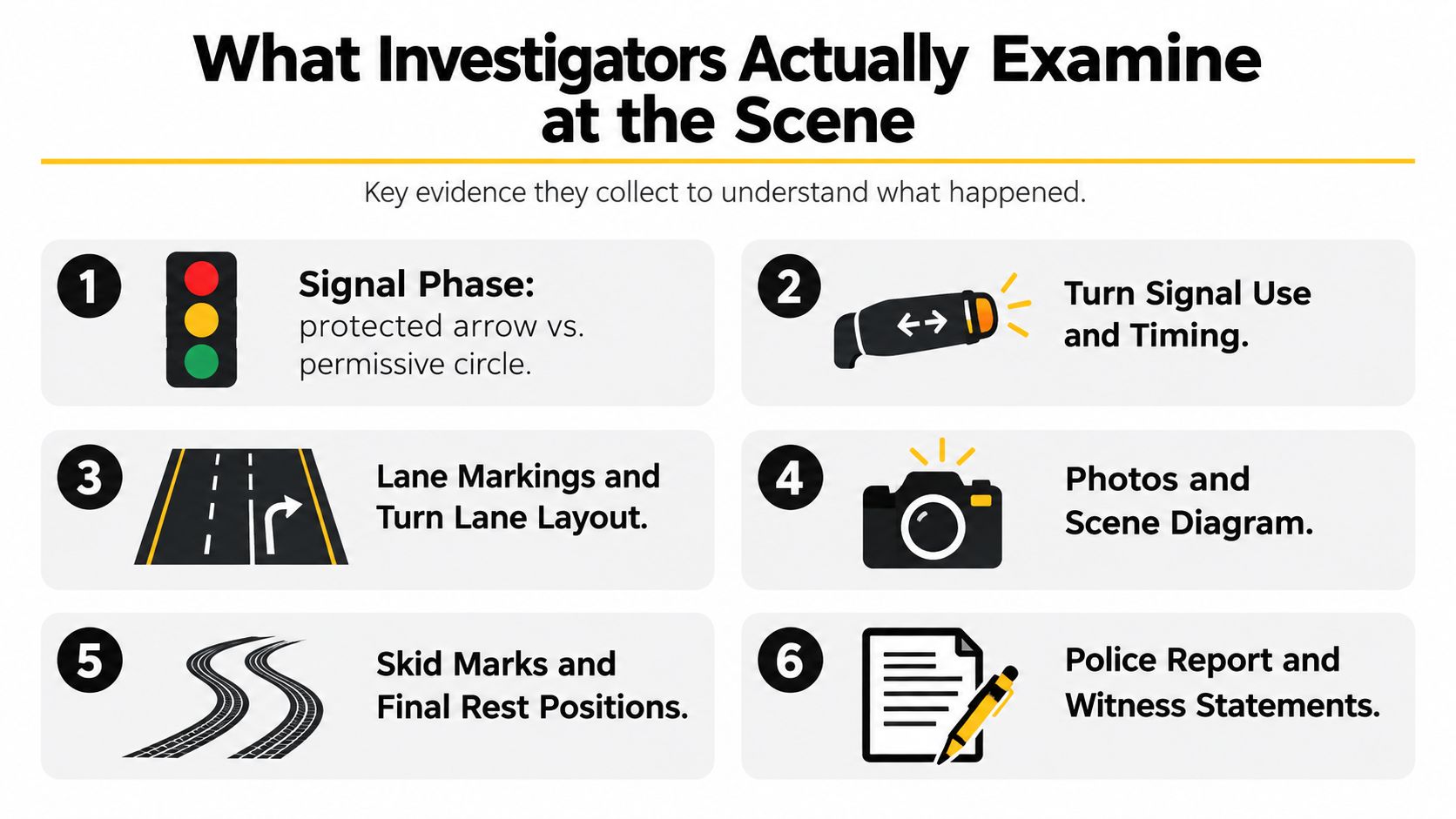 An infographic showing six key types of evidence investigators examine at a vehicle accident scene.