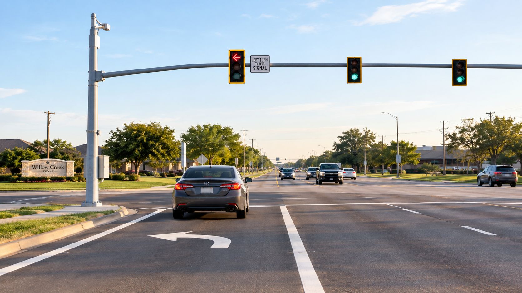 A gray Toyota sedan waits in a dedicated left-turn lane at a suburban intersection during late afternoon.