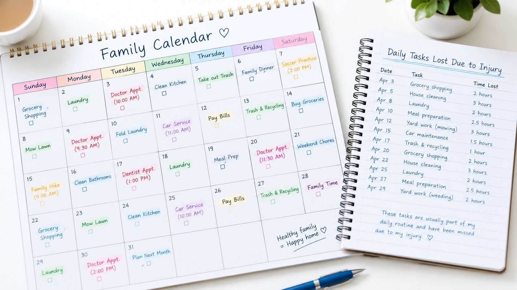 A family calendar and a daily task list showing missed chores due to an injury.