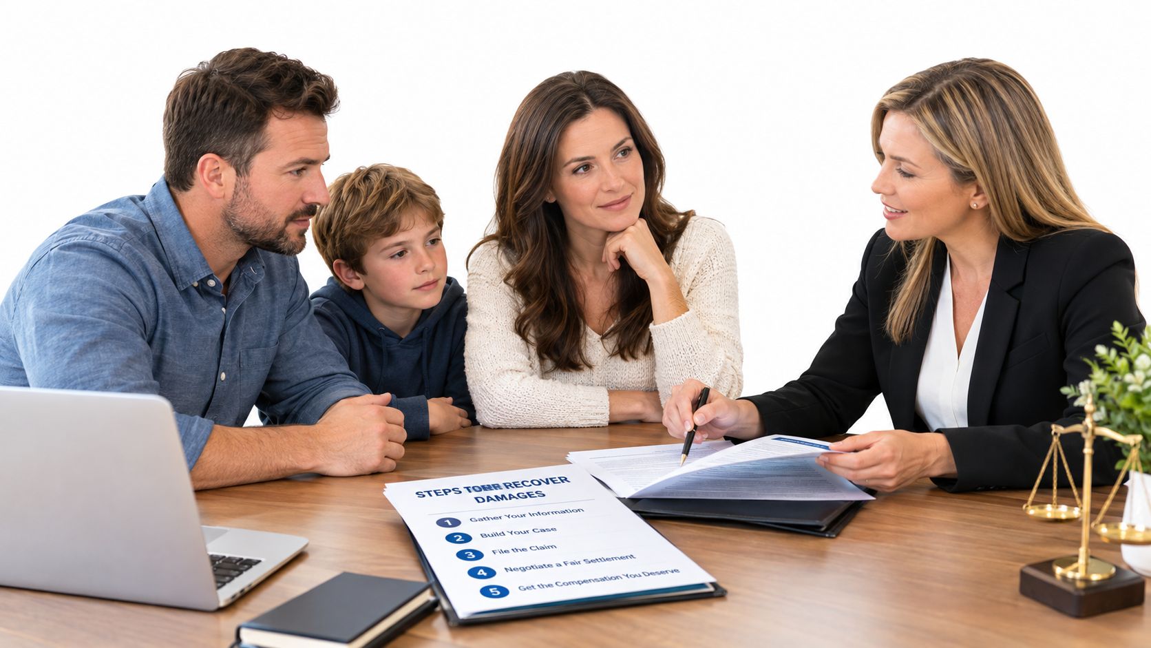 A family consulting with a lawyer about legal steps to recover damages during a meeting.