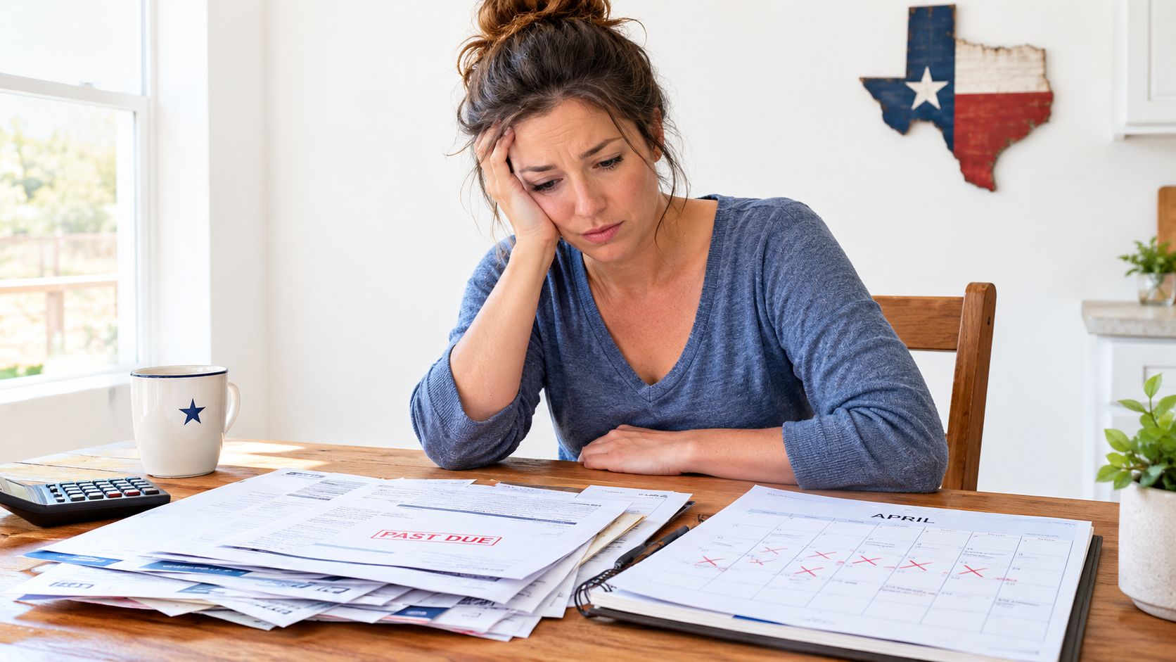 A stressed woman sitting at a table with past due bills and a calendar in a kitchen.