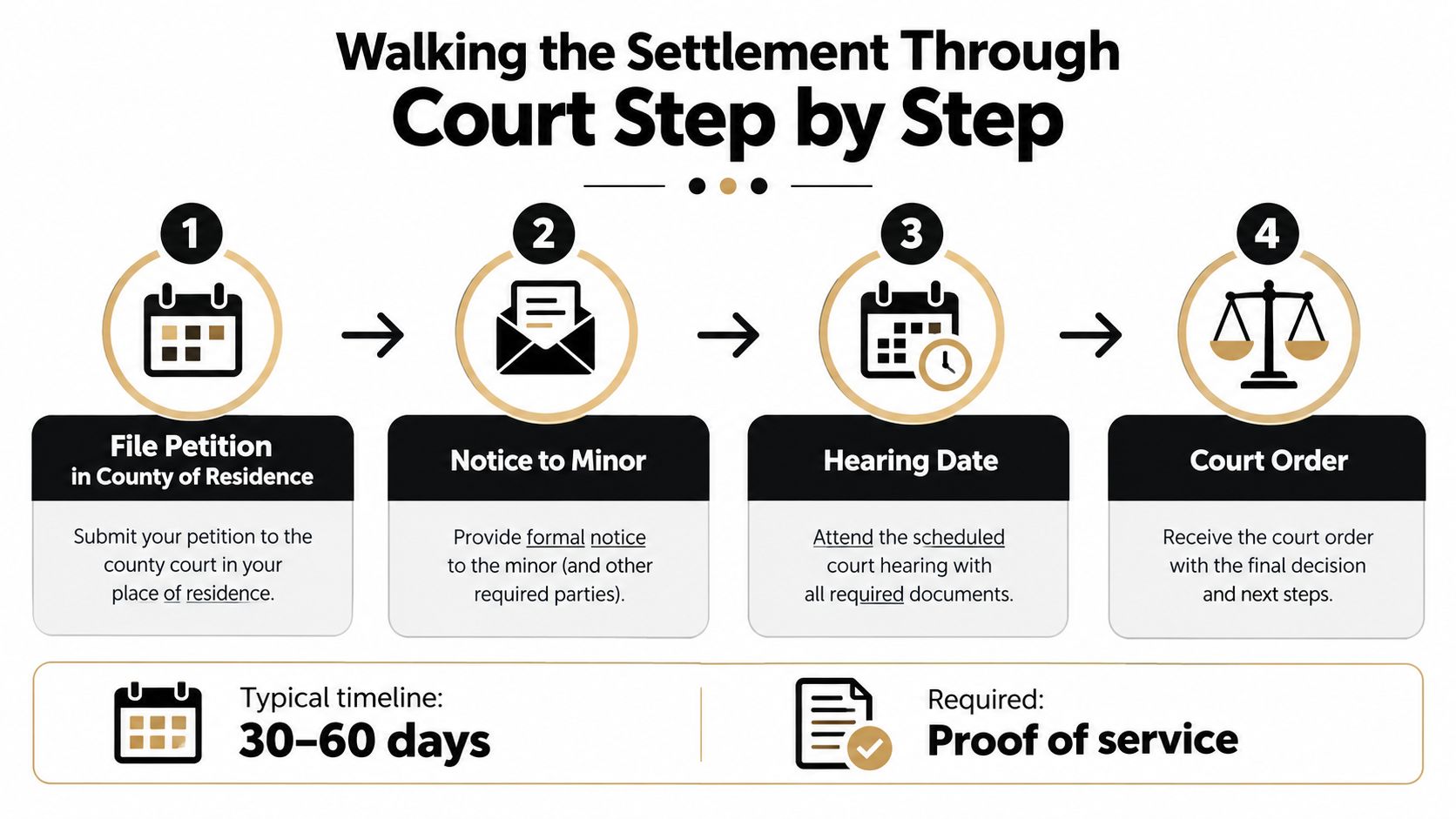 A four-step infographic illustrating the legal process for court approval of a minor settlement in court.