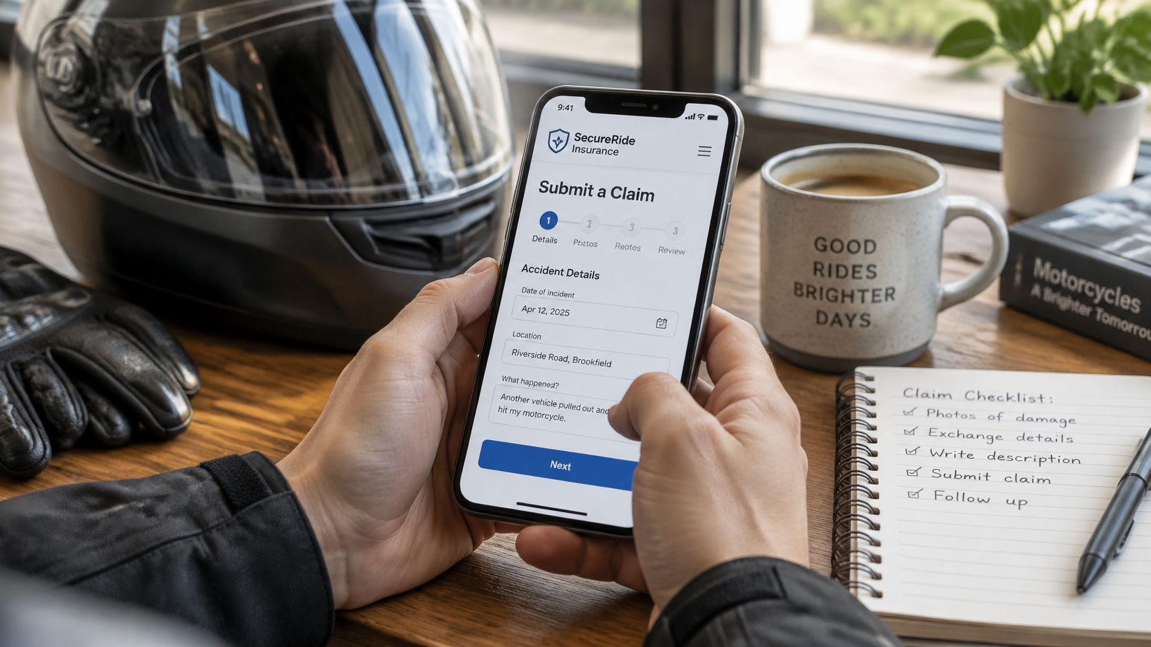 A person holding a smartphone showing an insurance claim app, sitting at a desk with a helmet.