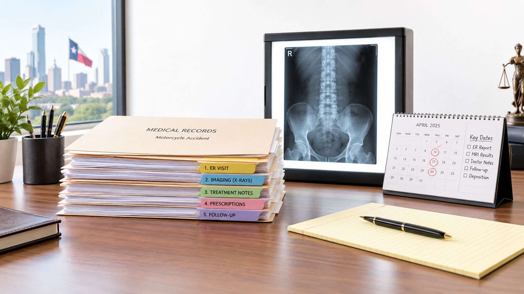A stack of medical record folders for a motorcycle accident claim resting on a lawyer's wooden desk.