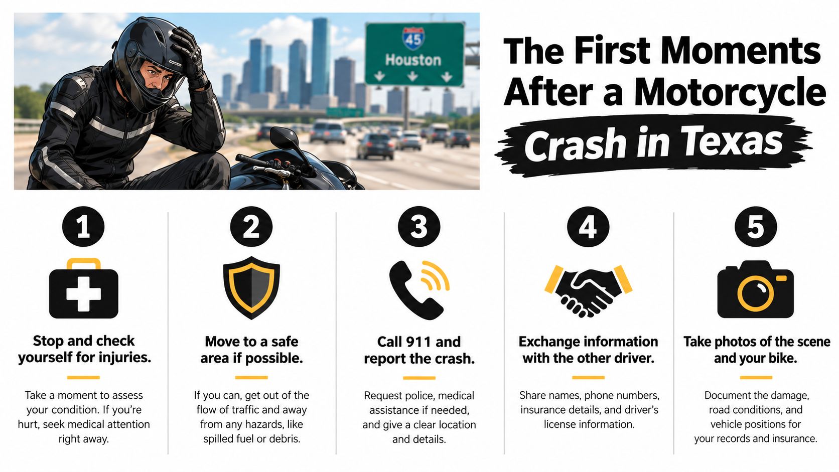 An infographic showing five steps to take immediately following a motorcycle accident in Texas.