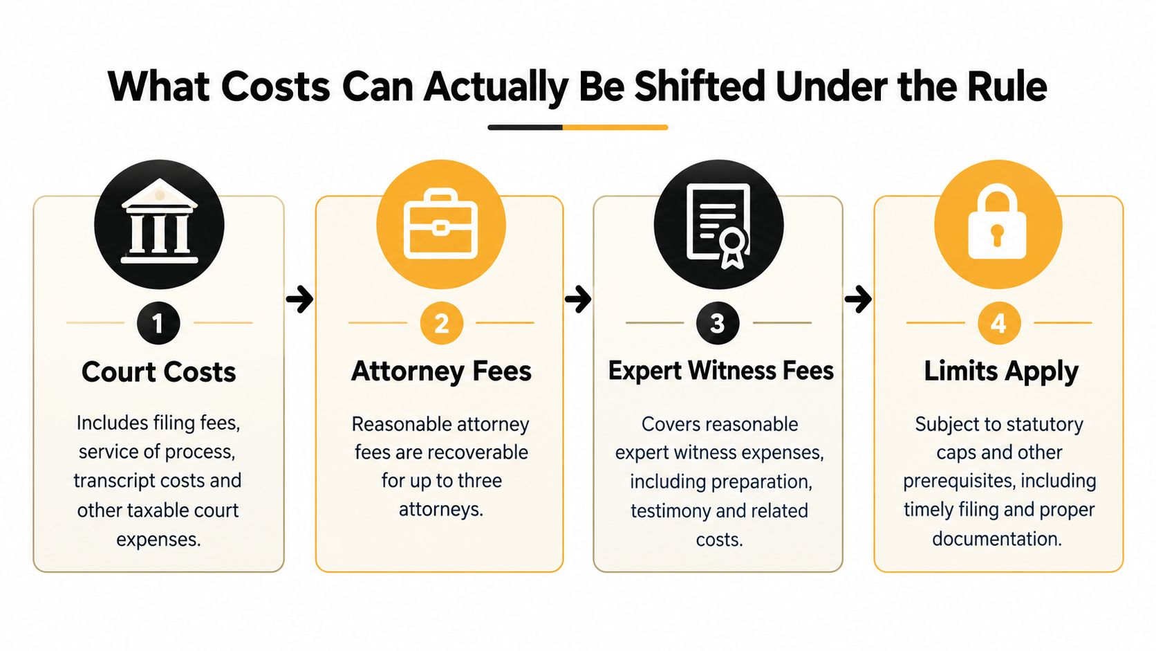 An infographic titled What Costs Can Actually Be Shifted Under the Rule, listing four categories of recoverable legal costs.
