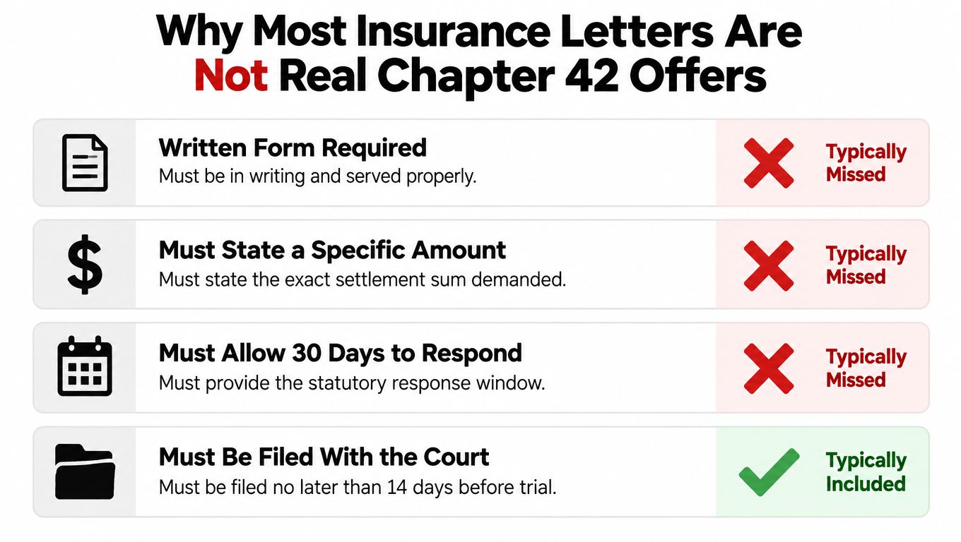 A chart highlighting why most insurance letters do not qualify as legal Chapter 42 settlement offers.