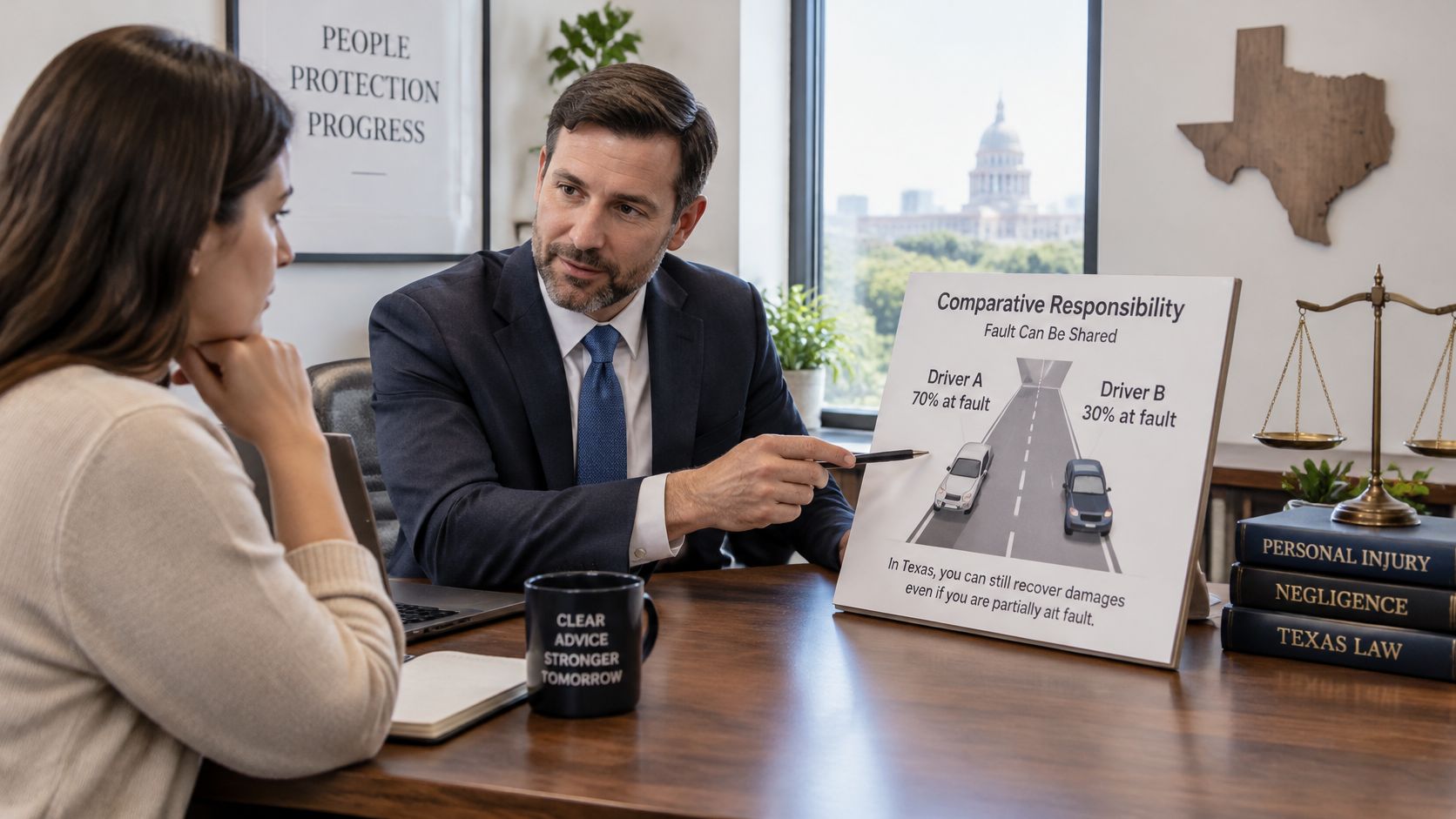 A professional lawyer explaining comparative responsibility laws to a client during a car accident legal consultation.