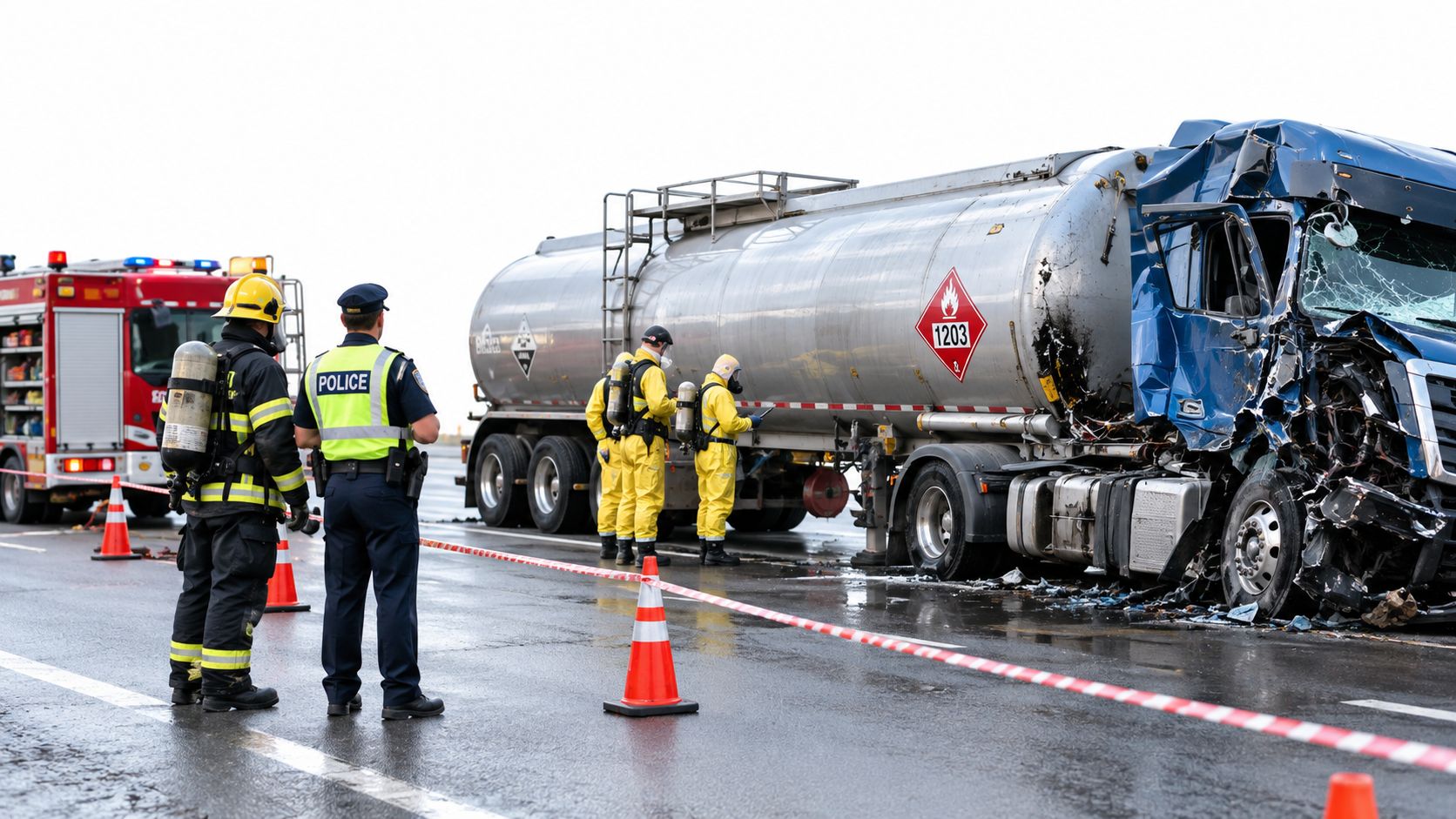 Emergency responders in protective gear inspect a damaged fuel tanker truck after a traffic accident on a road.