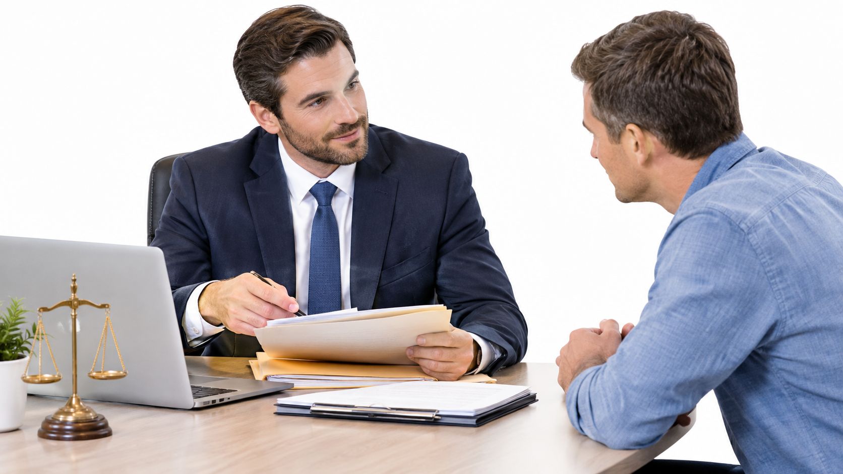 A professional lawyer in a business suit reviewing legal documents with a client in an office.