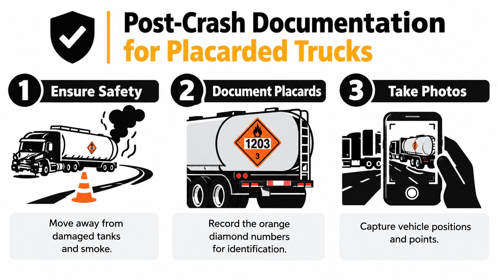 An infographic showing three essential steps for documenting accidents involving hazardous material trucks with orange placards.