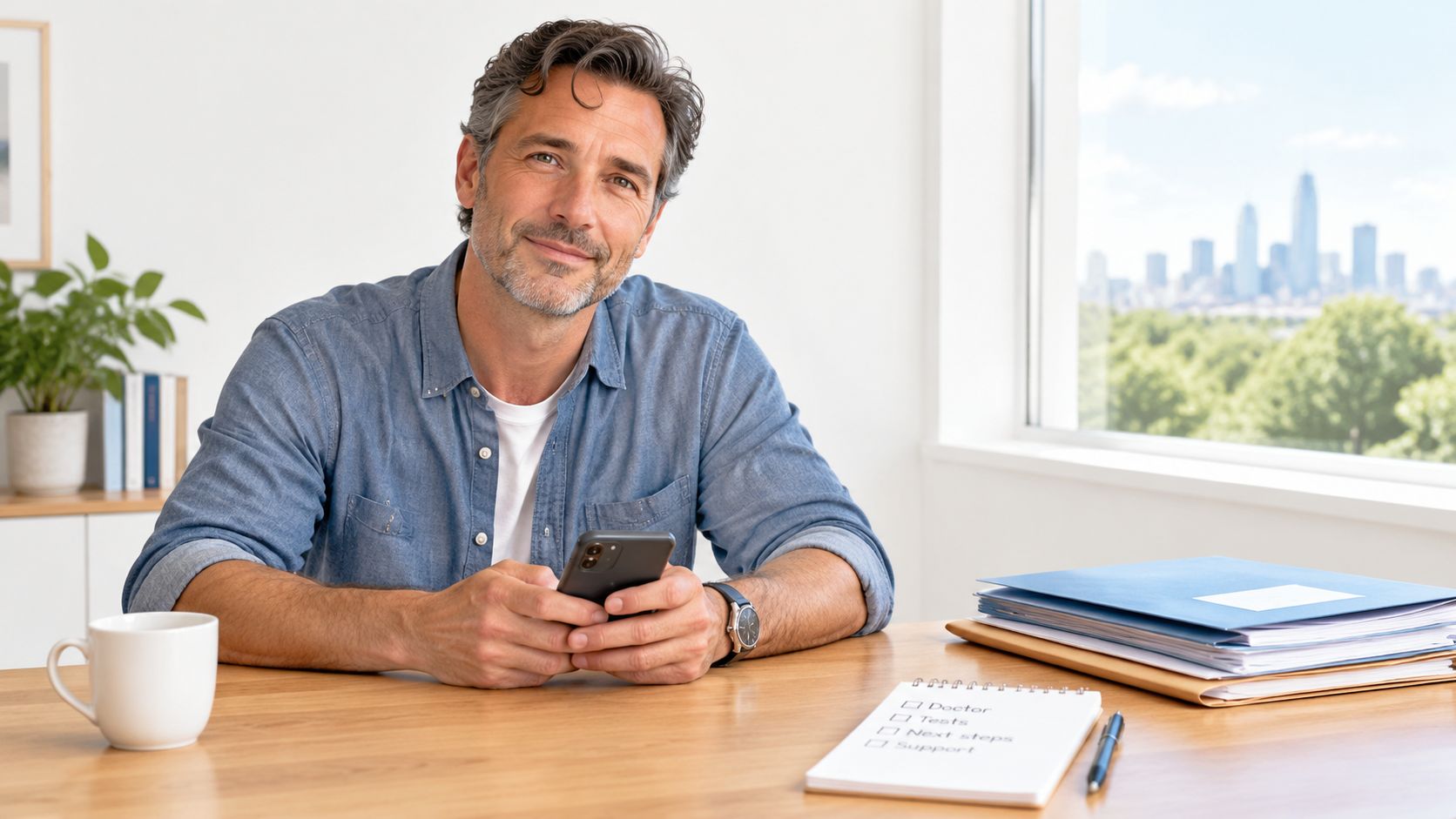 A professional man sitting at a desk with a smartphone and folders, preparing for a consultation.