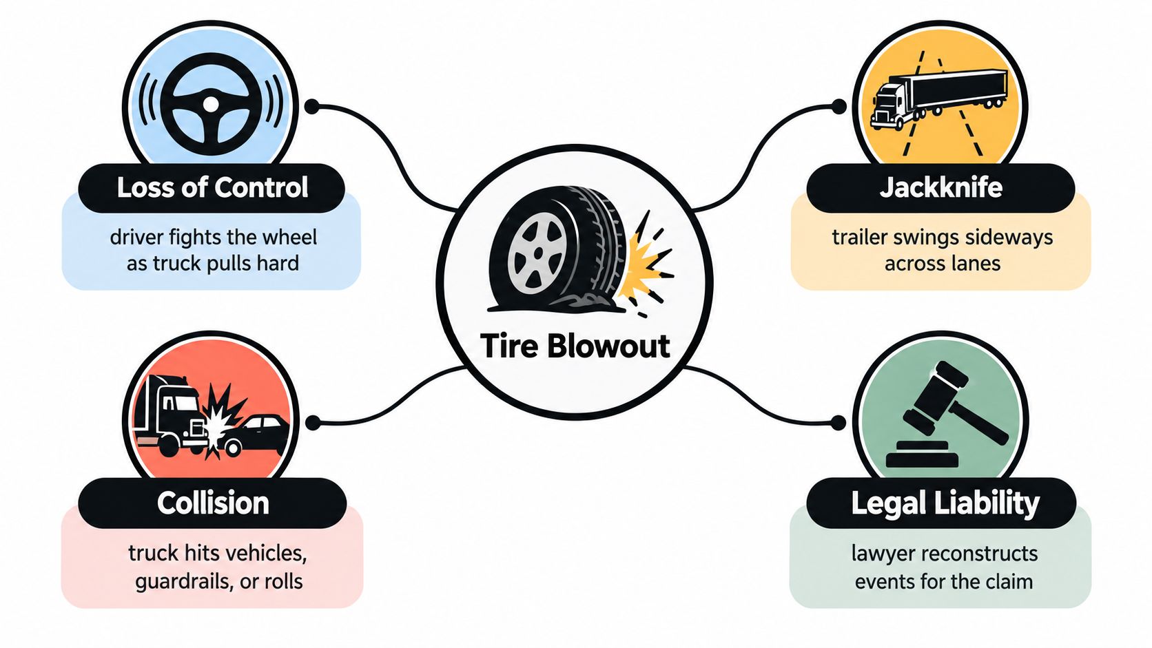 An infographic showing four common consequences of a semi truck tire blowout including collisions and jackknife accidents.