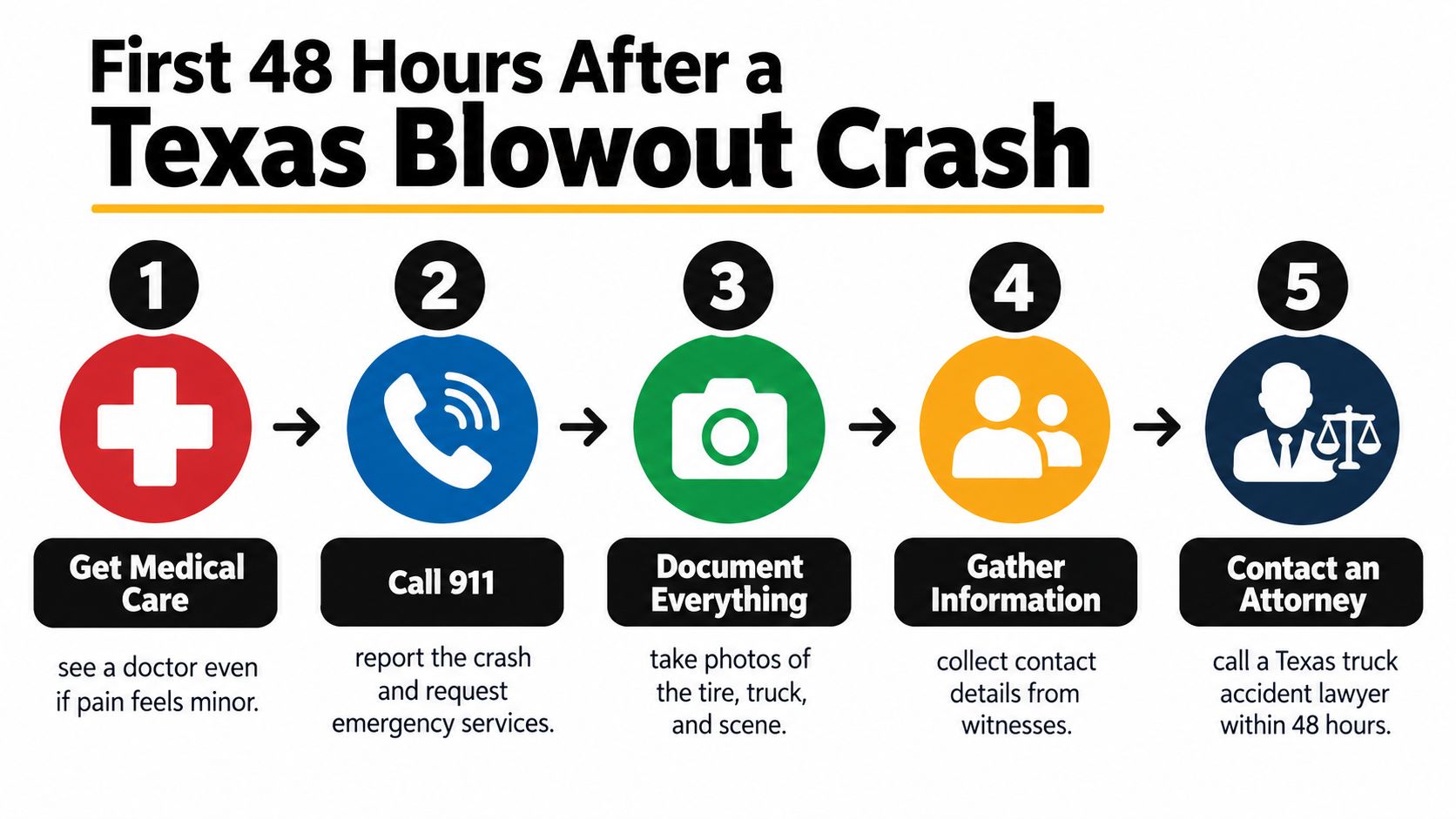 A five-step infographic showing necessary actions to take after a Texas semi truck tire blowout accident.