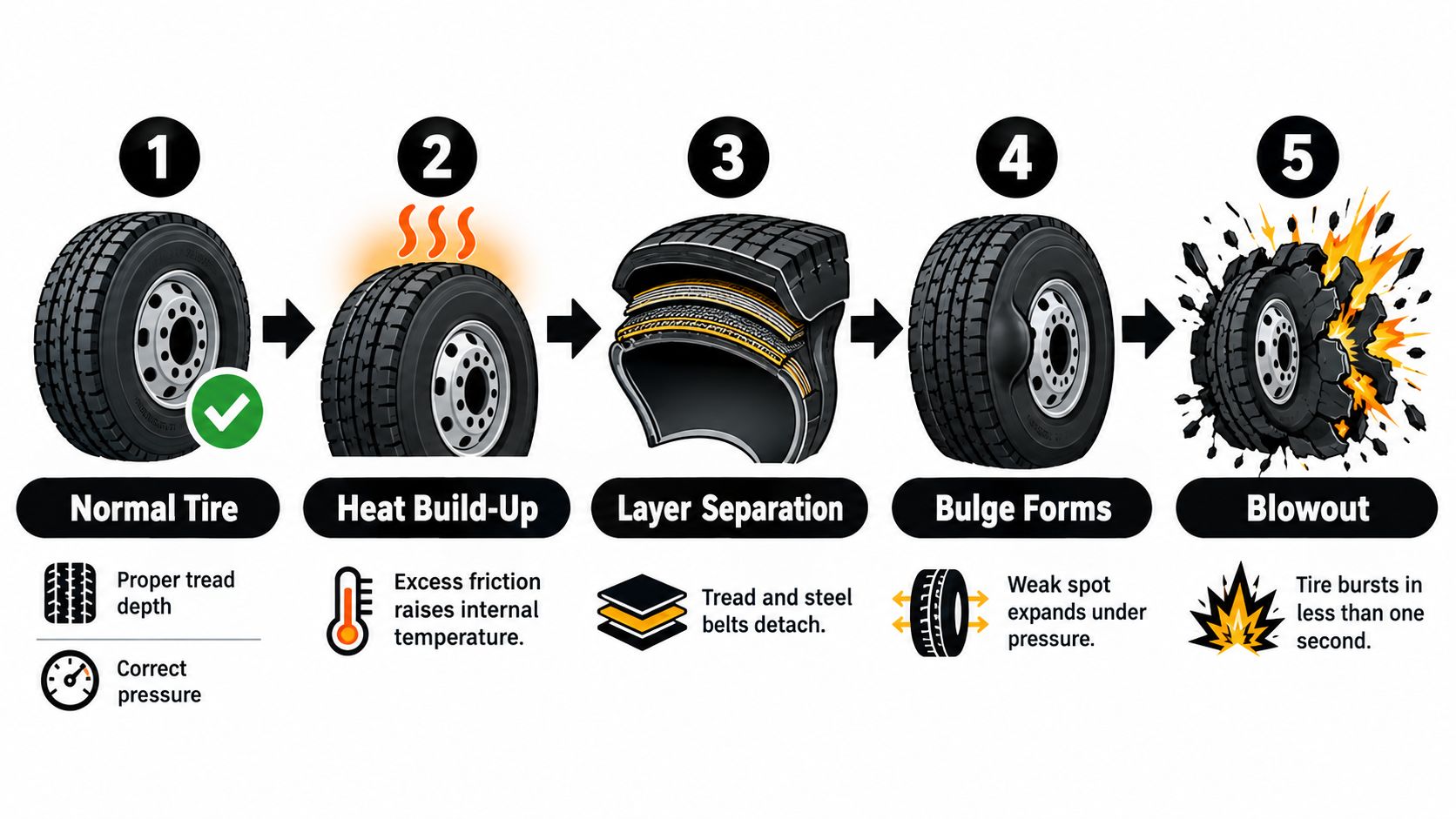 A five-step infographic showing the process of a tire failure from heat build-up to a blowout.