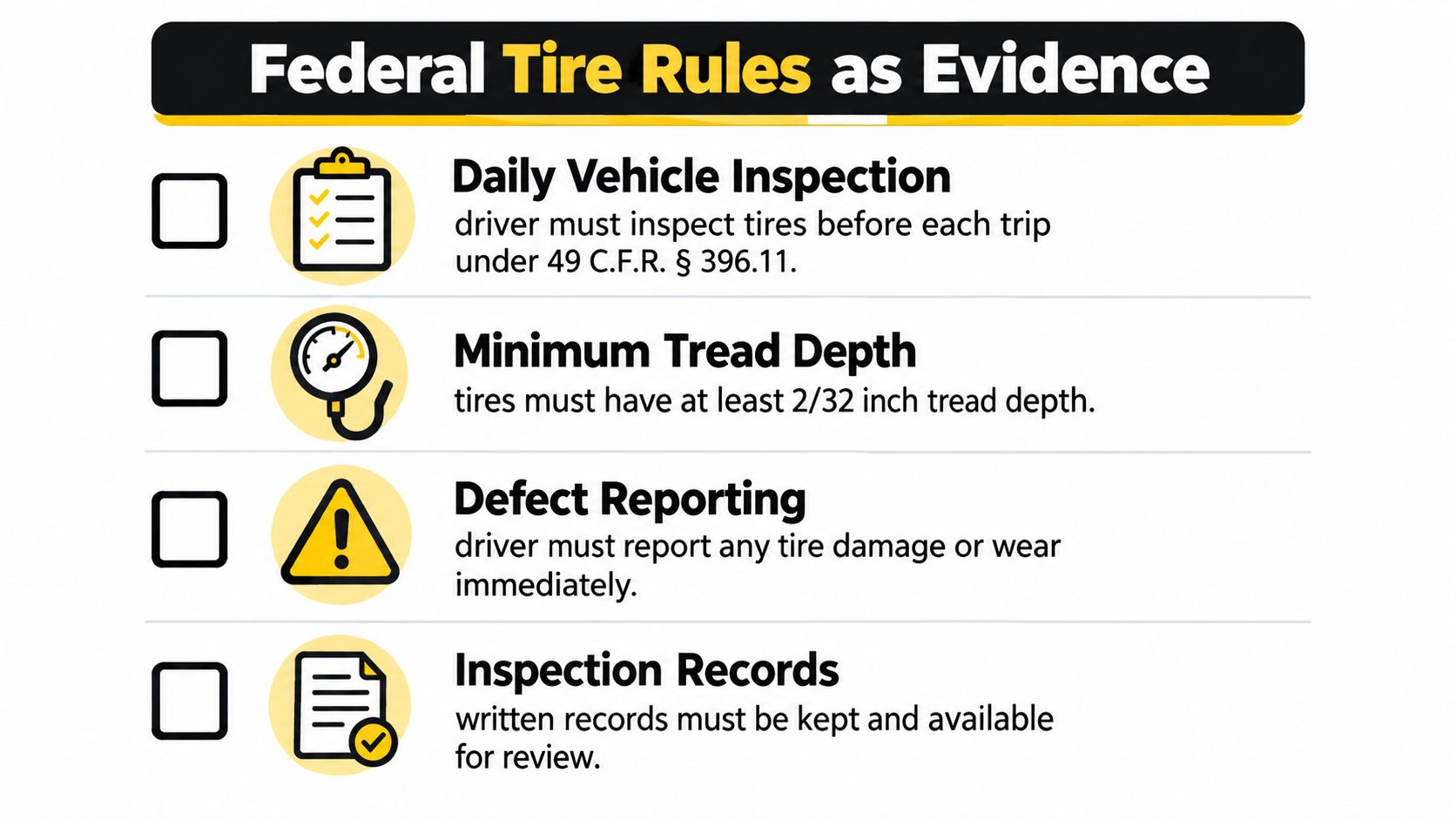 A checklist infographic outlining federal regulations for semi-truck tire maintenance and legal compliance.