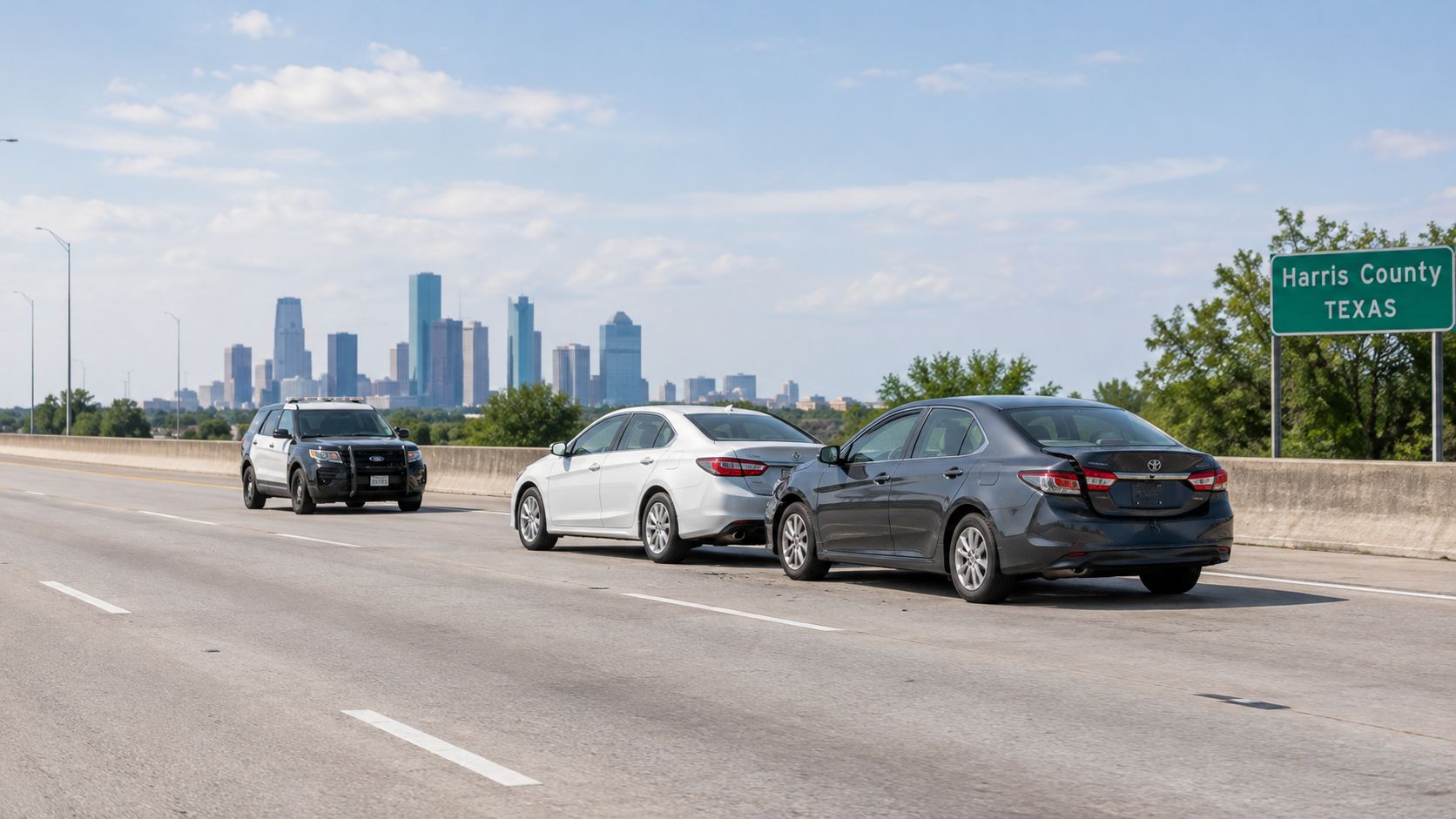 A police vehicle and two cars involved in a highway accident near the Harris County Texas sign.