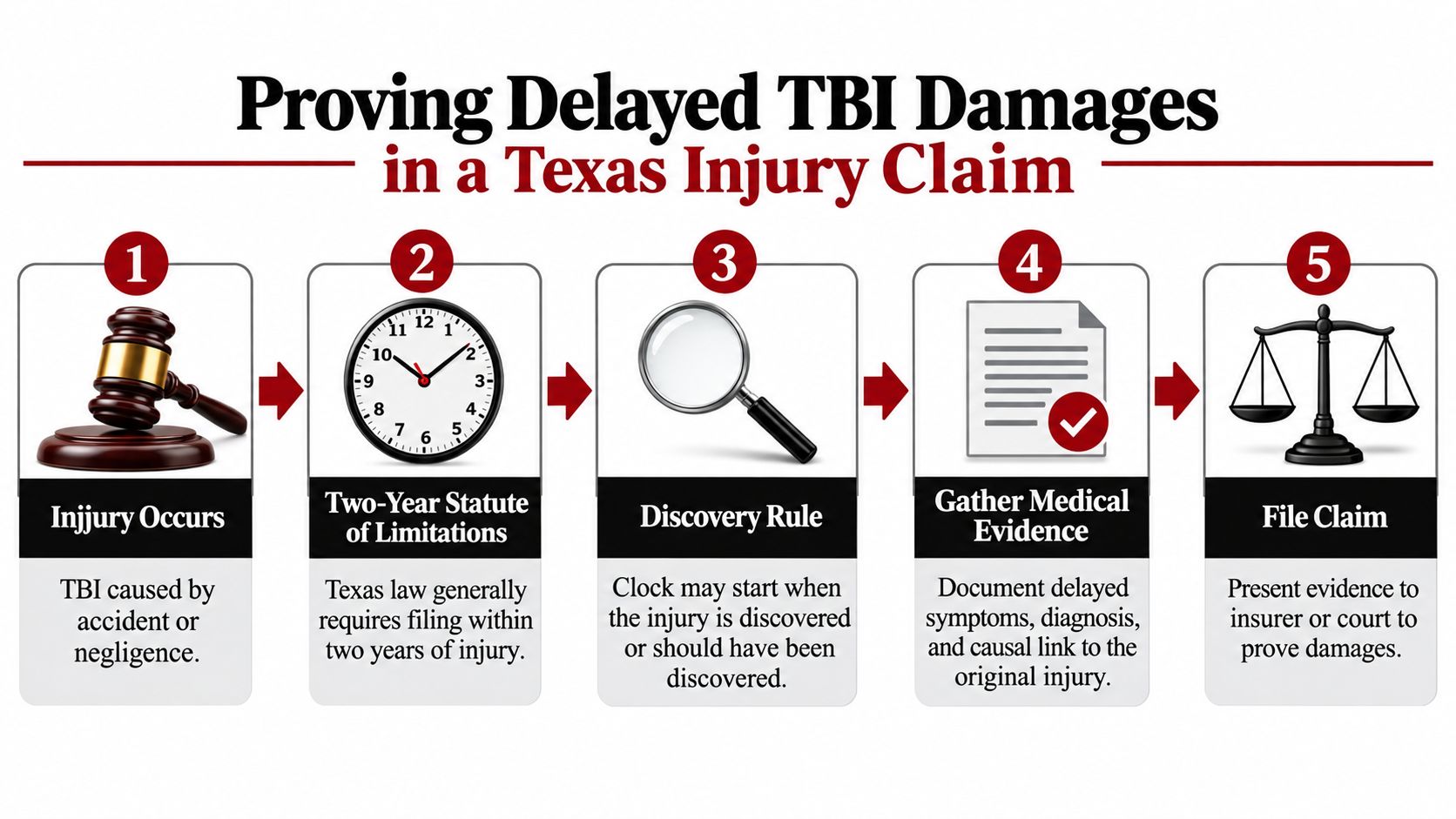An infographic detailing five steps for proving delayed traumatic brain injury damages in a Texas injury claim.