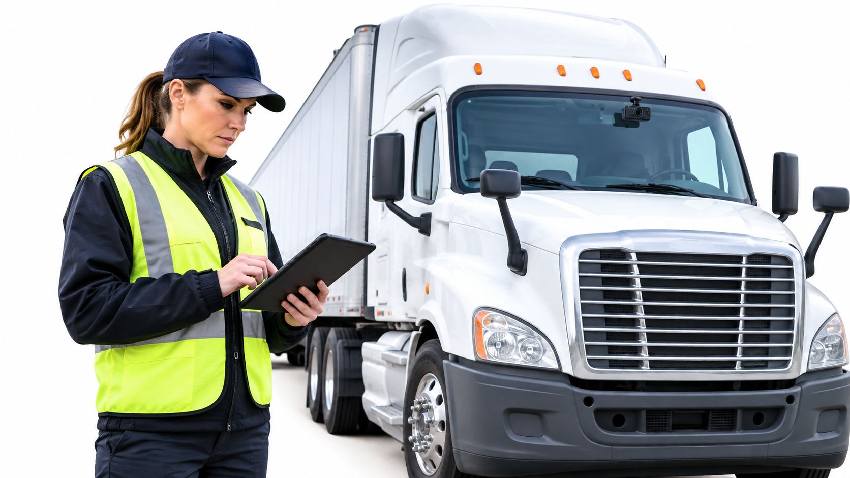 A female truck driver in a high-visibility vest standing in front of a white semi-truck using a tablet.