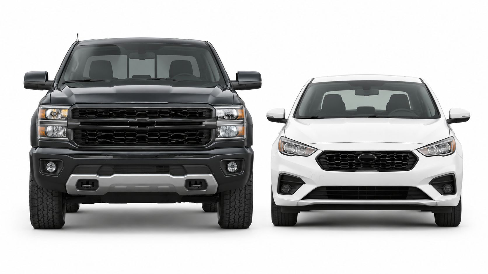 A black pickup truck parked side by side next to a white sedan car against white background