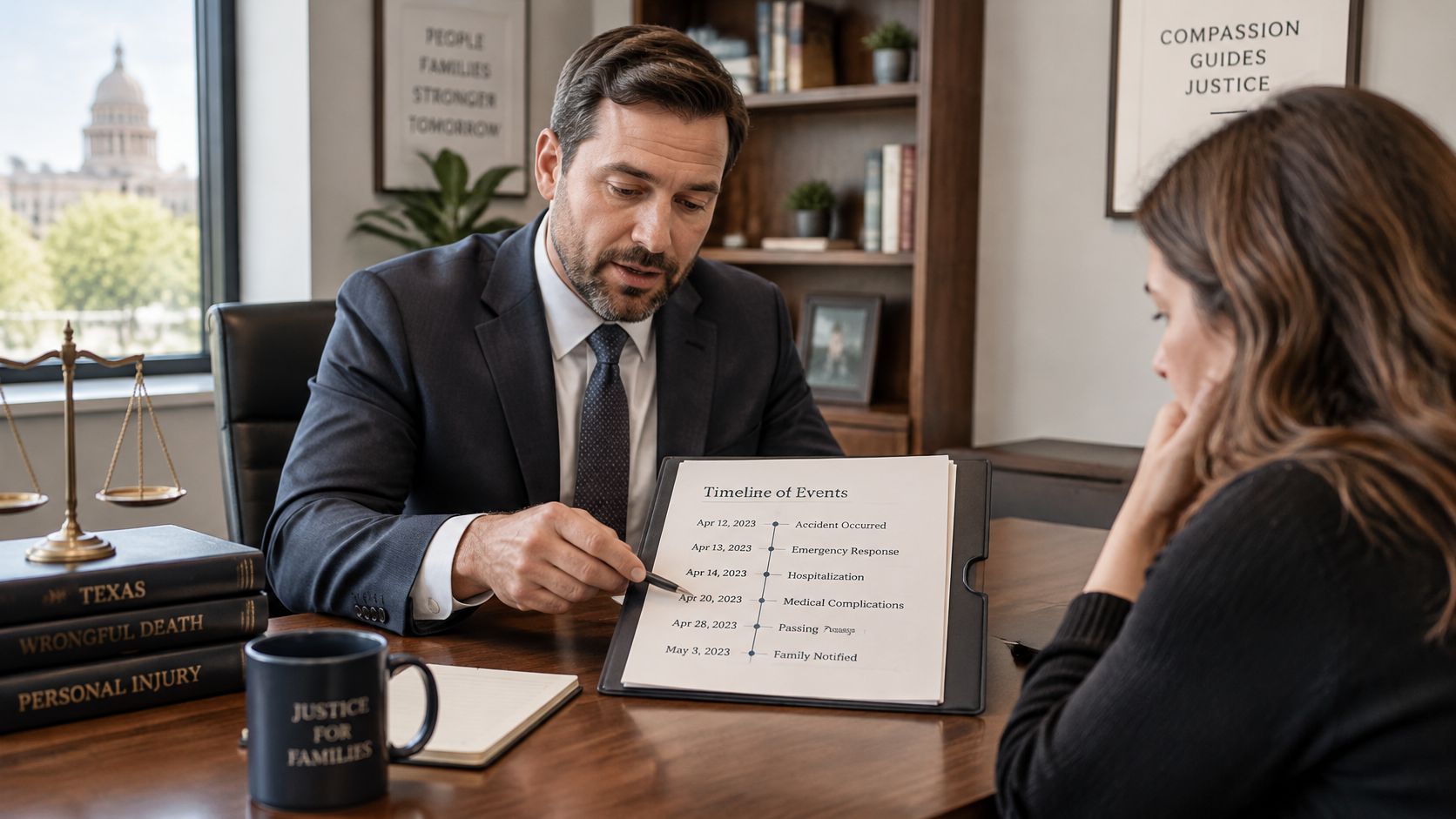 A professional wrongful death attorney reviewing a timeline of events with a client in his office.