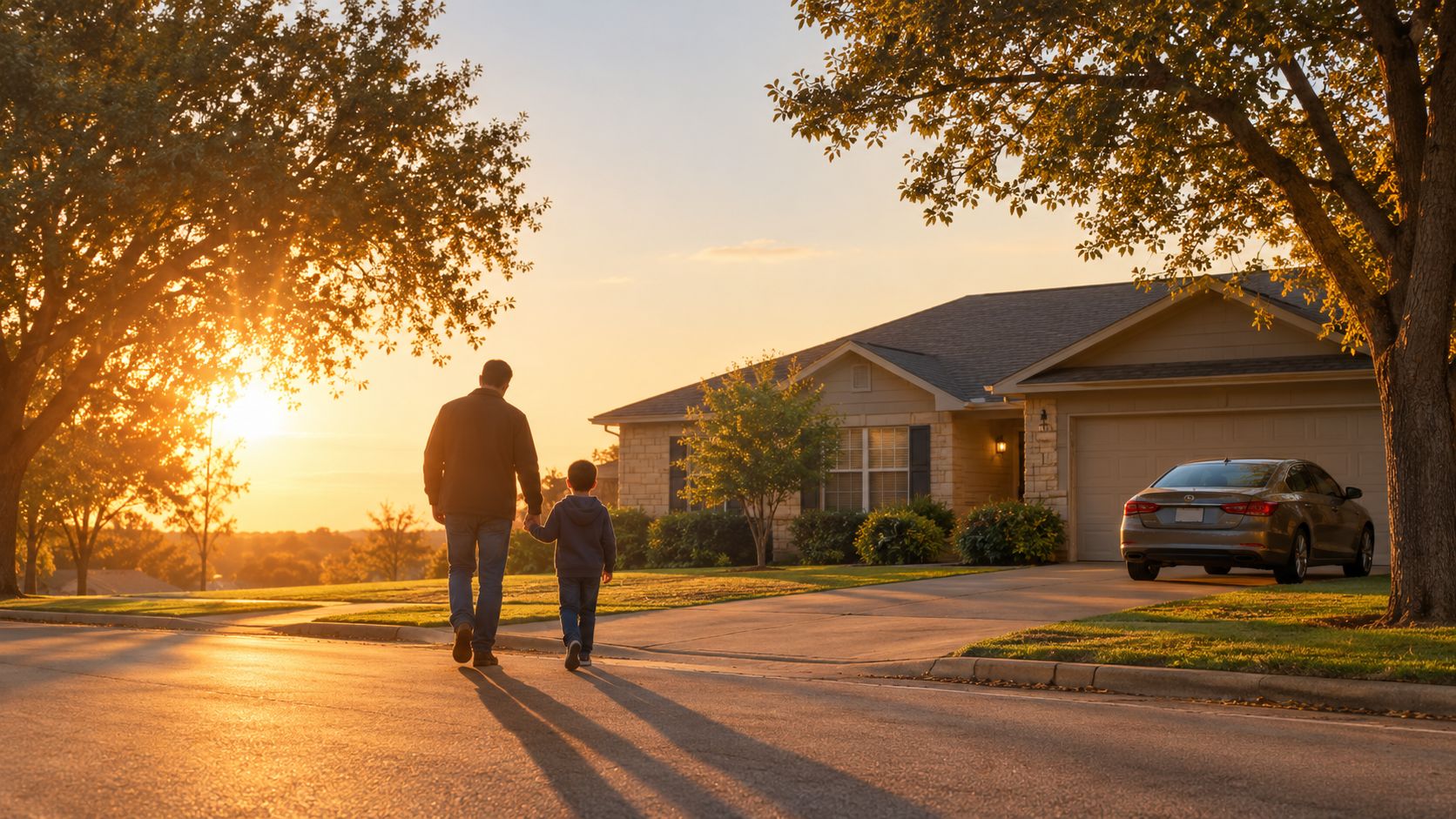 A father and son walking home together along a suburban street during a warm sunset.