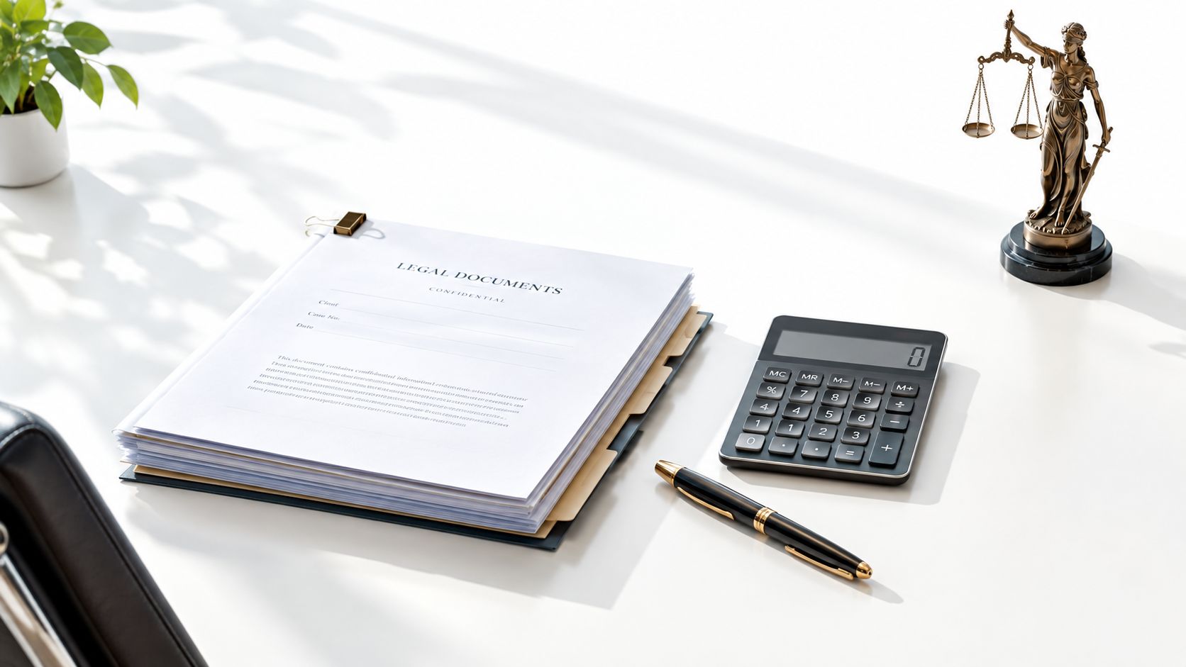 A legal workspace featuring a document file, a calculator, a pen, and a scale of justice statue.